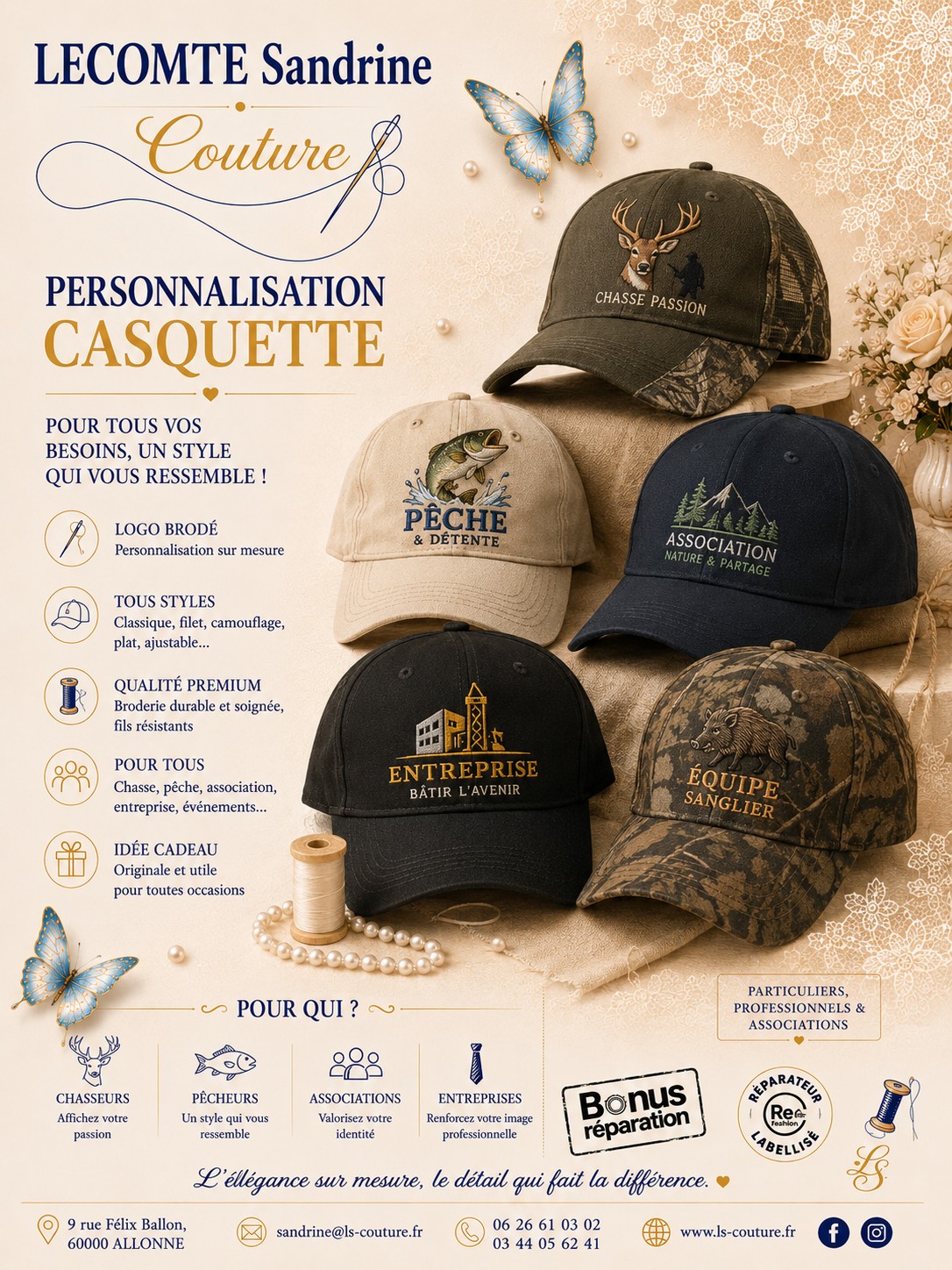 Casquettes personnalisées alignées sur une table